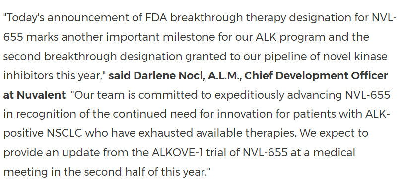 Fantastic news for our ALK+ #lungcancer community 🙌 

The <a href="/US_FDA/">U.S. FDA</a> has granted breakthrough therapy designation to <a href="/nuvalent/">Nuvalent</a>'s  NVL-655 for the treatment of patients with locally advanced or metastatic ALK+ LC who have been previously treated 2+ TKIs. 

#LCSM #ResearchSavesLives