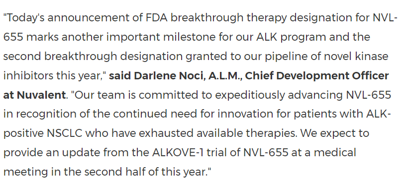 Fantastic news for our ALK+ #lungcancer community 🙌 The @US_FDA has granted breakthrough therapy designation to @nuvalent's NVL-655 for the treatment of patients with locally advanced or metastatic ALK+ LC who have been previously treated 2+ TKIs. #LCSM #ResearchSavesLives