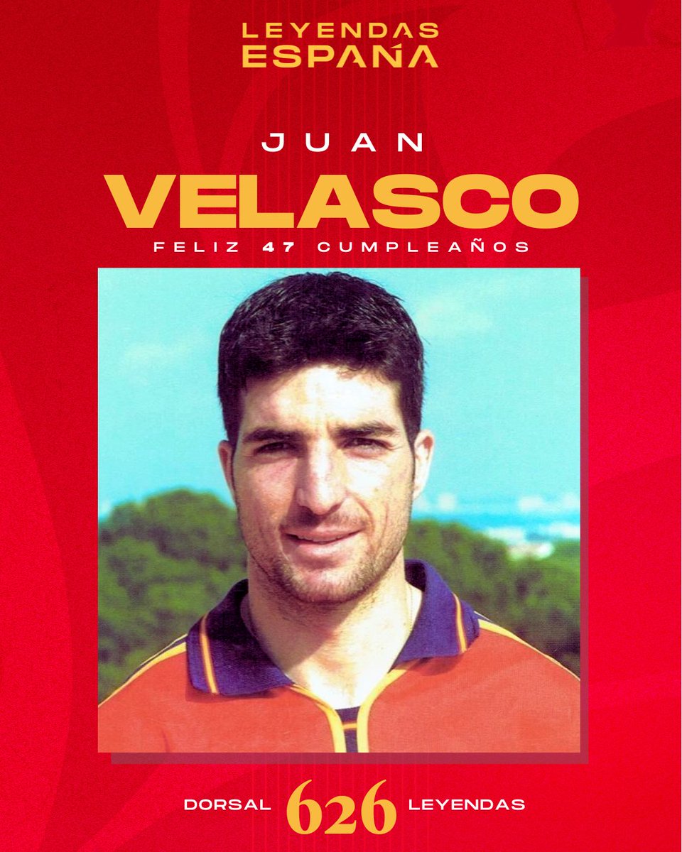 😙💨🎂Juan Velasco 𝗖𝗨𝗠𝗣𝗟𝗘 HOY 47 ¡Felicidades! ✔️Tuvo su debut como internacional con la @SEFutbol en la victoria por 3-0 a Polonia en el año 2000. Jugó un total de 5 veces con la Selección. #SomosEspaña 🇪🇸