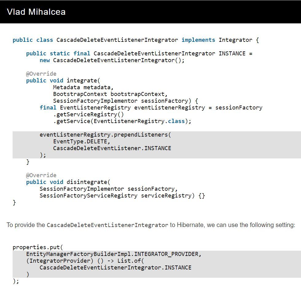 How to cascade DELETE with Spring and Hibernate events vladmihalcea.com/cascade-delete…