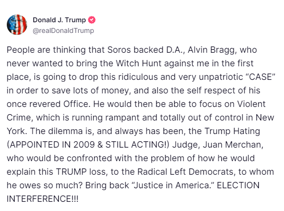 #USDemocracy, #DemVoice1, #DemsUnited

What a lying and BSing wuckfit #ChiefMagamoron is! 🤦‍♂️🙄

The case is all but at the summing up stage, ready to be handed to the jury for verdicts on the charges. WTF is the #CrapUnderTheCap twattering about? 🤷‍♂️

Its rant about Judge Merchan