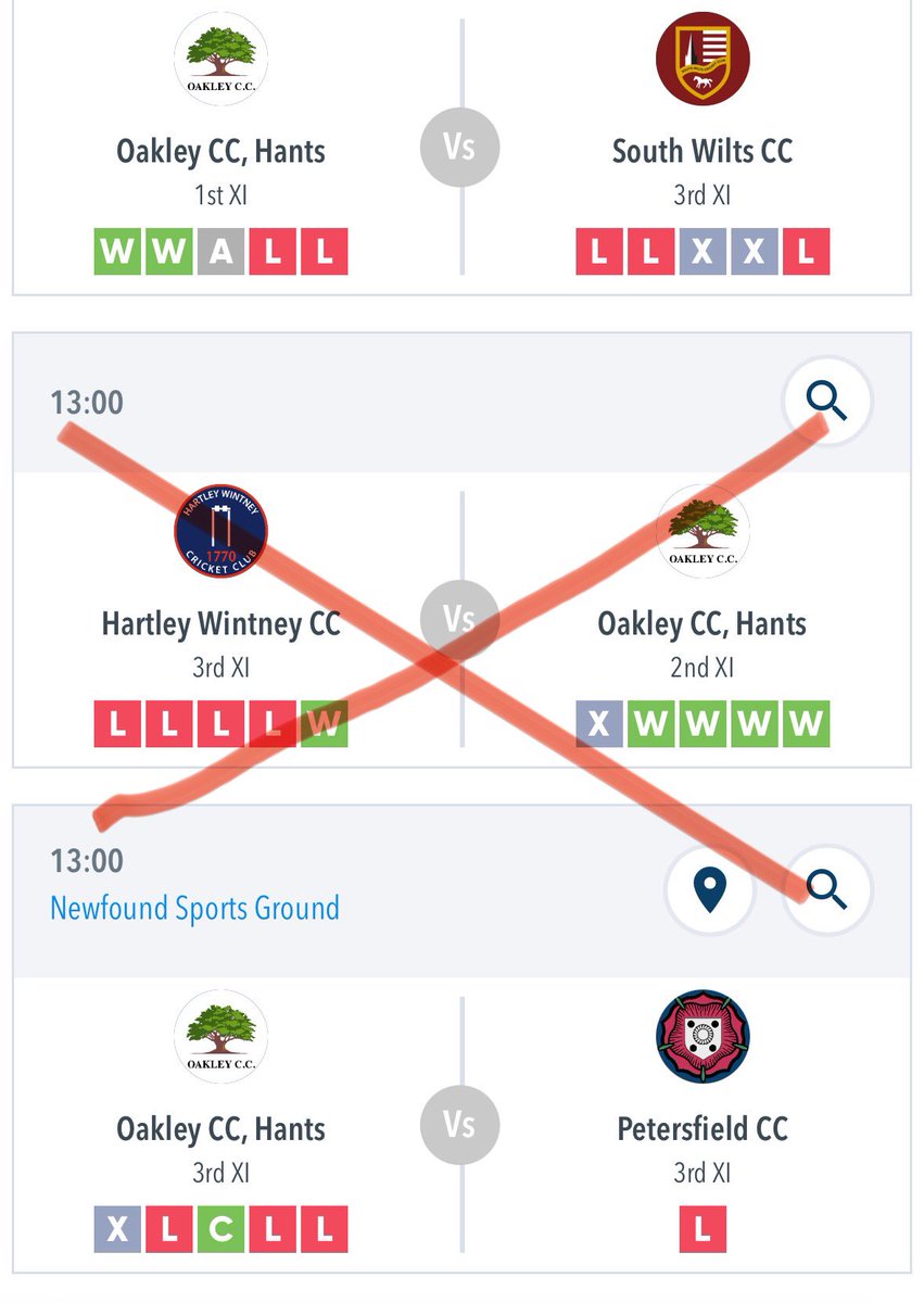 Sadly, our 2s fixtures with <a href="/HWCC1770/">Hartley Wintney CC</a> has been cancelled due to a mix up with the council over pitch availability. HW tried to find another ground but have had to concede the game. Sorry all.