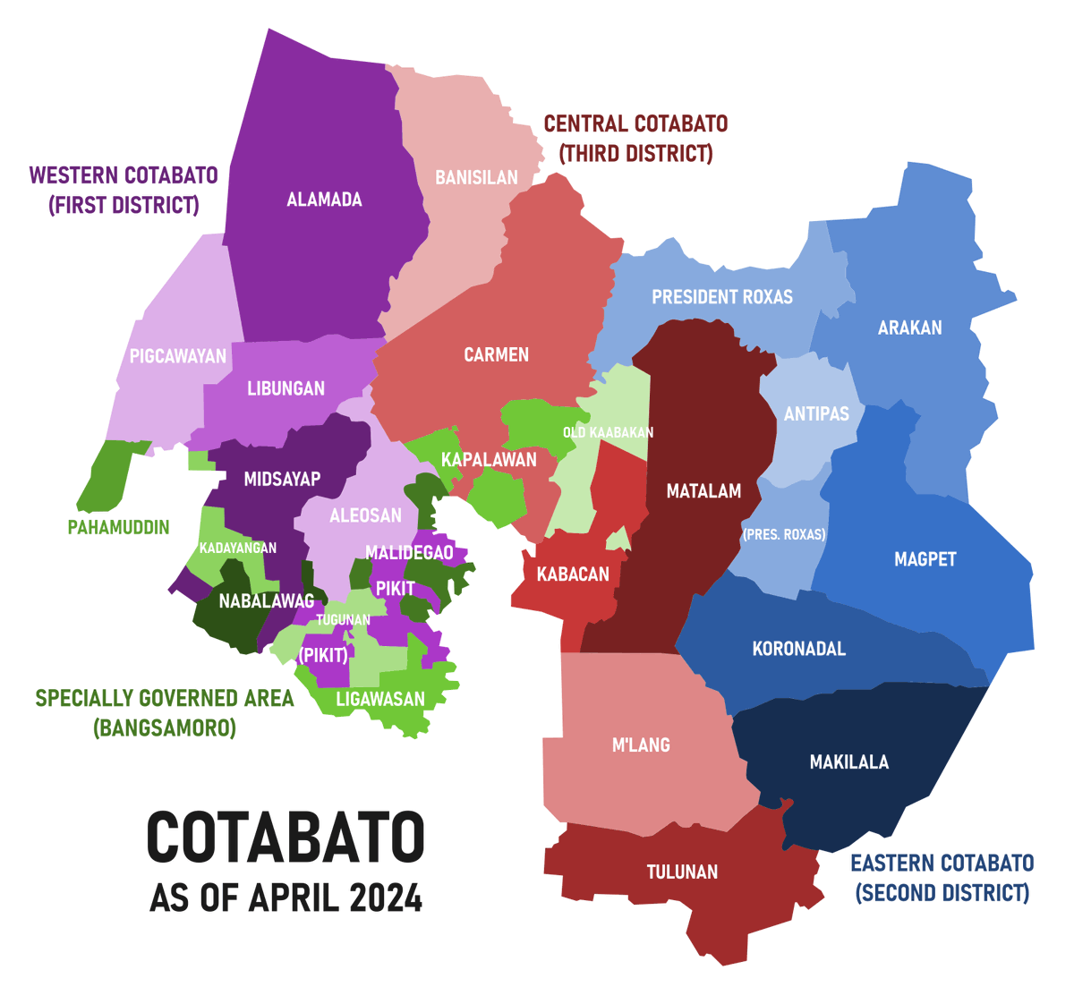 New map of Cotabato province, Philippines following a plebiscite last April 13