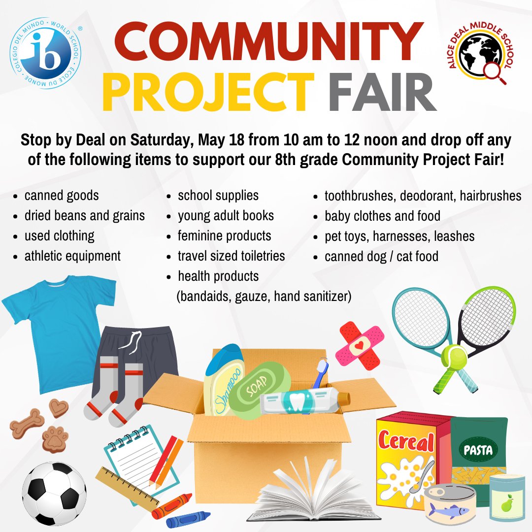 Stop by Deal on Saturday, May 18 from 10 am to 12 noon and drop off any of the following items to support our 8th grade Community Project Fair! #admsherewegrow
