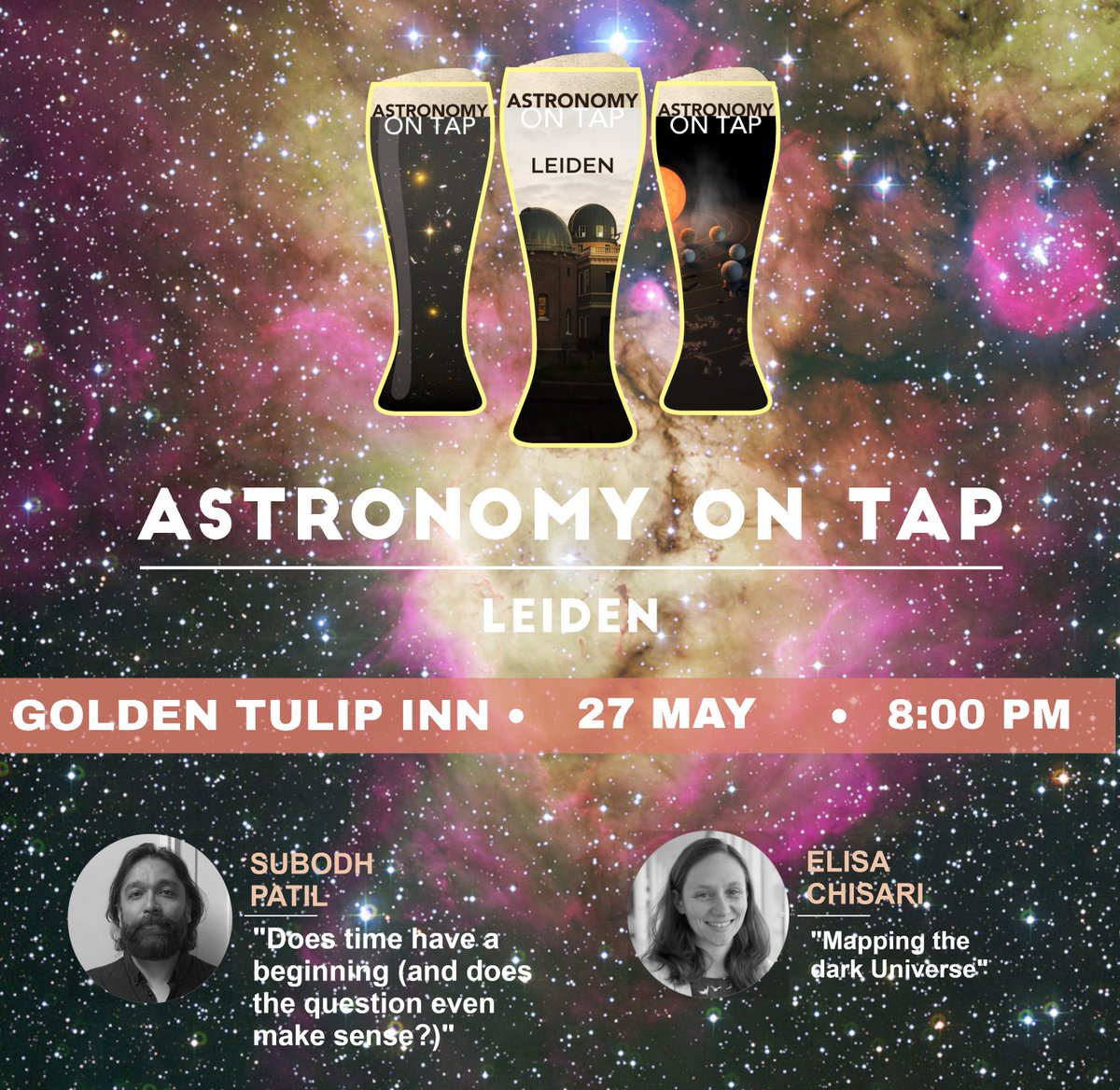 Join us on Monday 27 May for a night of astronomy with two fantastic talks from Subodh Patil  and Elisa Chisari, who will tell us about the mysterious concepts in  astronomy like time and dark energy.

#AotLeiden
