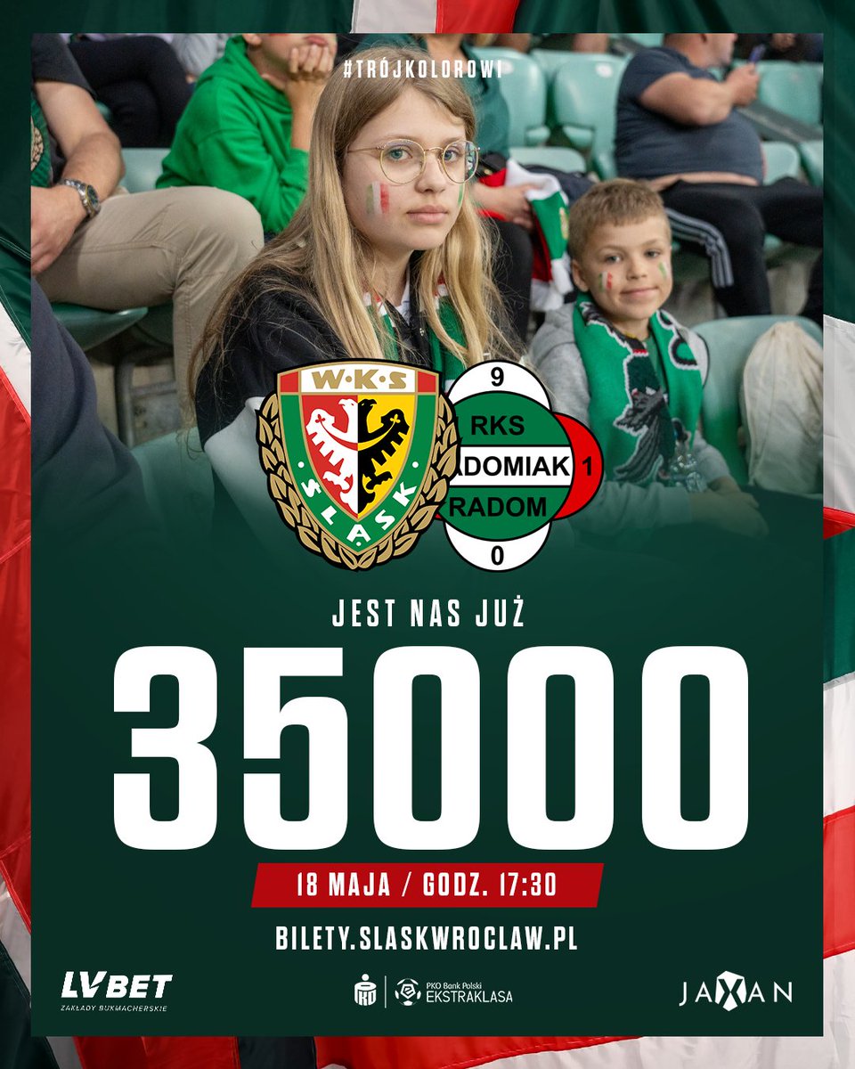 Zostało już naprawdę mało biletów, trzeba się spieszyć, #TRÓJKOLOROWI! 🥰 3⃣5⃣0⃣0⃣0⃣ 🔜 #KompletNaŚląsk 🇮🇹 🎫 𝗕𝗜𝗟𝗘𝗧𝗬 #ŚLĄRAD ➡️ bit.ly/BiletyŚLĄRAD