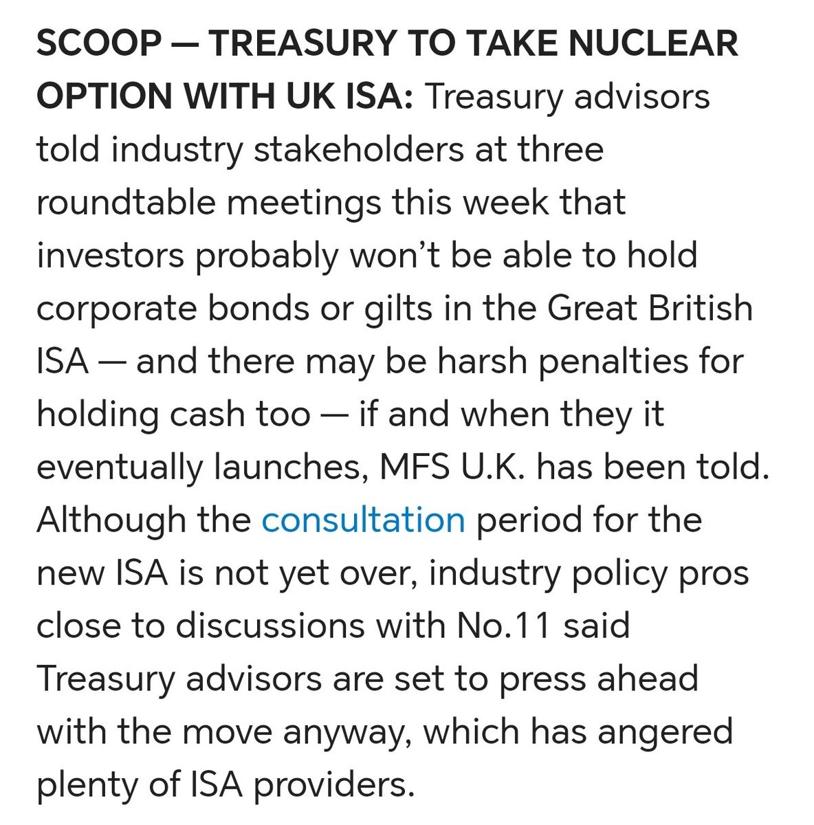 🔴EXCL: The Treasury is set to ban corporate bonds and gilts in the UK/GB ISA, and plans to introduce harsh restrictions on cash holdings so savers are forced to invest in UK stocks, according to official docs seen by @POLITICOEurope. More below...