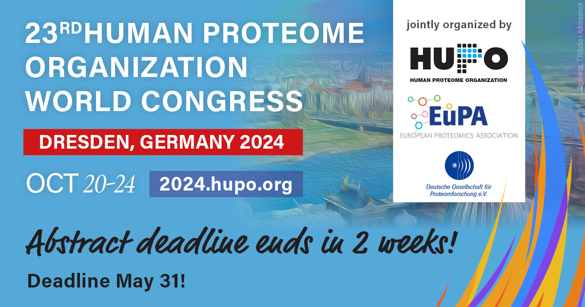 The countdown is on! Just 2 weeks left to submit your abstract for #HUPO2024. Join us in advancing #HumanProteomics and submit your work now! Details here: 2024.hupo.org/program-abstra… #HUPO2024 #Proteomics #clinicalproteomics #Microbiome #cellbiology #Bioinformatics #science