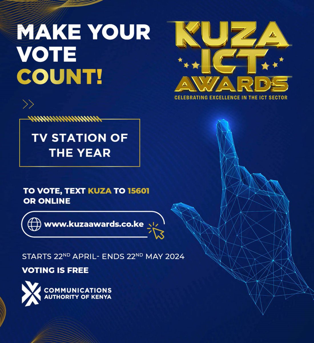 Which TV station deserves to be crowned the best? Few days left to vote for 'TV Station of the Year.' Make your voice heard! Text KUZA to 15601 or vote online at kuzaawards.co.ke/index.php/kuza… #KuzaICTAwards2024
