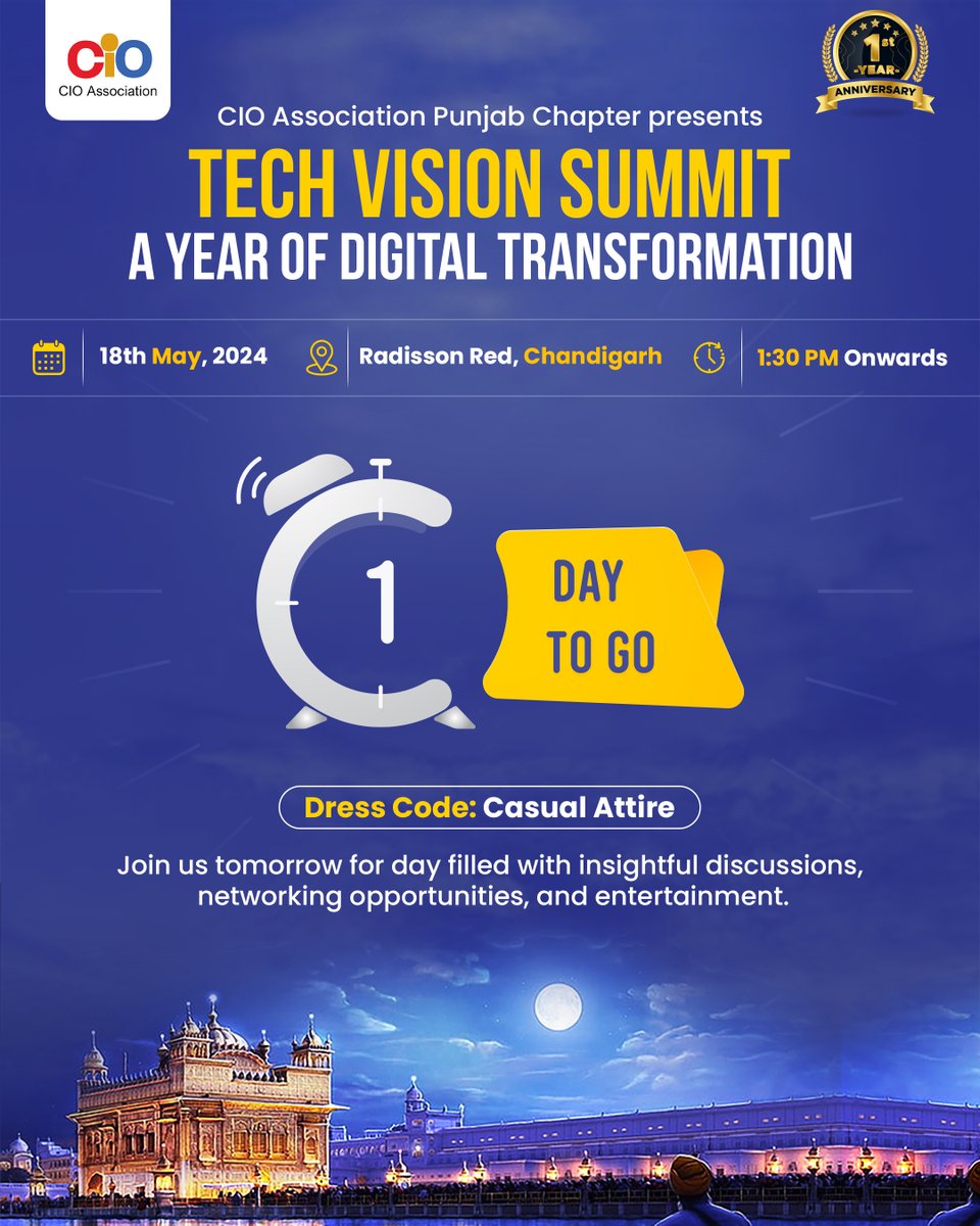 Just #1DayToGo until the Tech Vision Summit 2024! 
Join us tomorrow at Radisson Red, Chandigarh, for an epic gathering of CIOs and digital leaders. Get ready for insightful sessions, networking opportunities, and a chance to win incredible prizes. Don’t miss out!

#CIOAssociation