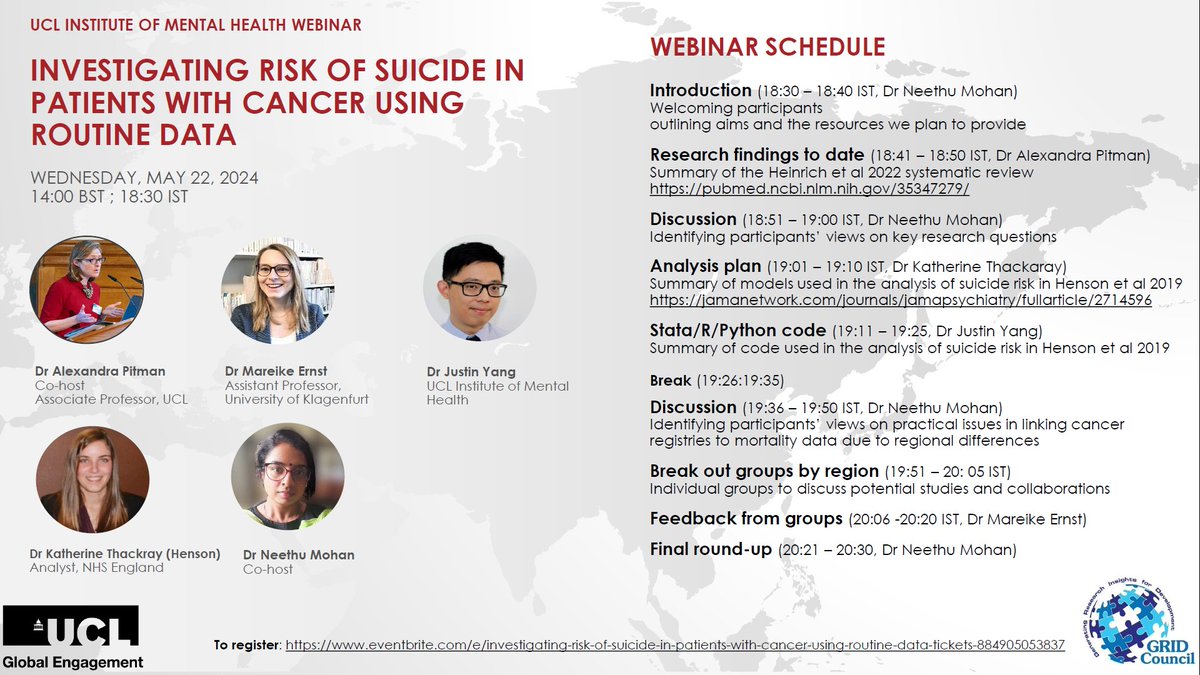 Schedule for our @UCL_Global webinar next week features @neethumohan5 @ernst_mareike #KatherineThackray @NHSEngland National Disease Registration Service (NDRS) @JustinCYang @DrAPitman @UCLMentalHealth co-hosted @thegridcouncil - register for free here eventbrite.co.uk/e/investigatin…