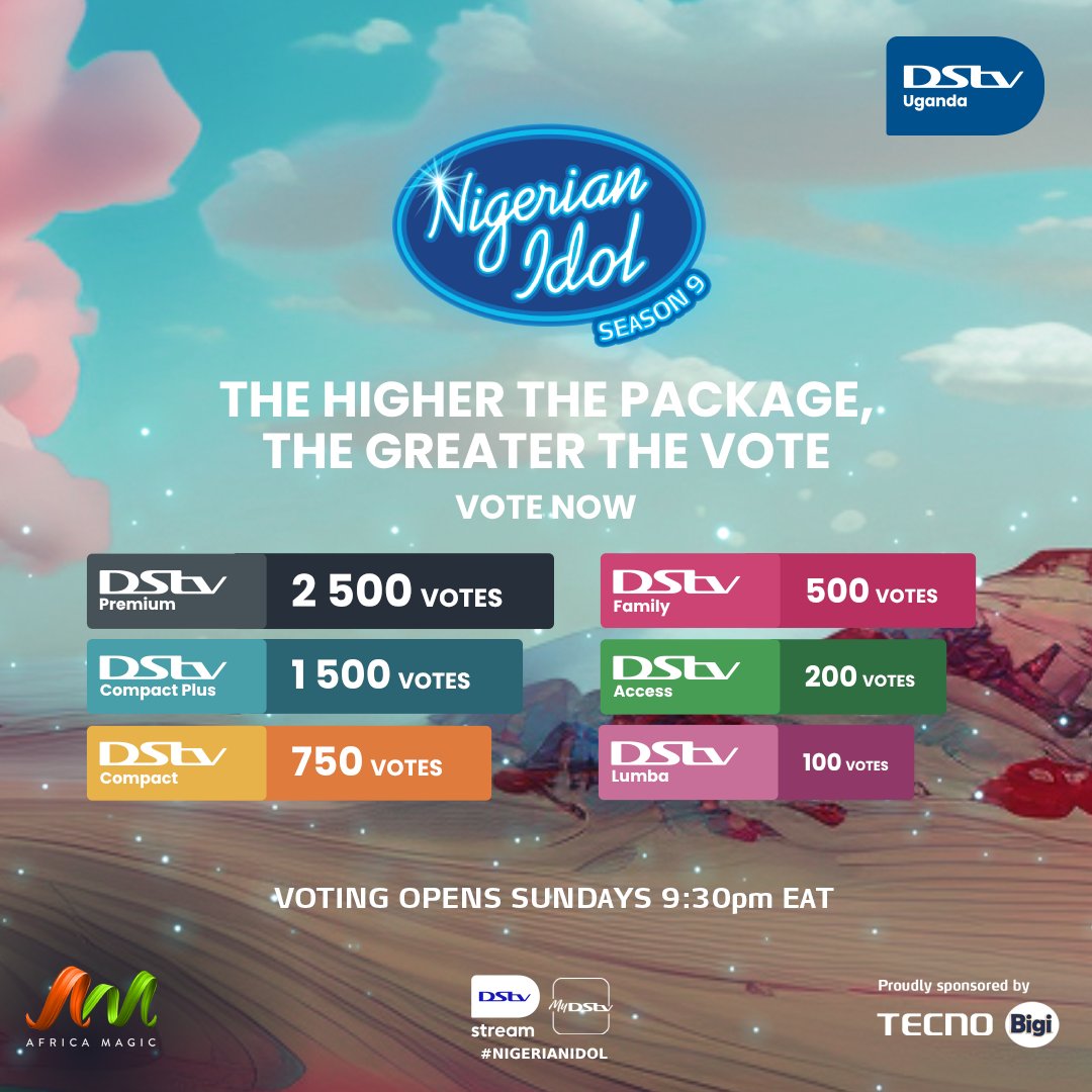 Be part of the excitement and help decide the next #NigerianIdol winner! Cast your vote for your favorite contestant using the #MyDStv App: apps.apple.com/ng/app/mydstv-…. Remember, the higher your package, the more votes. Voting is open every Sunday from 9:30pm to Thursday at 10pm.