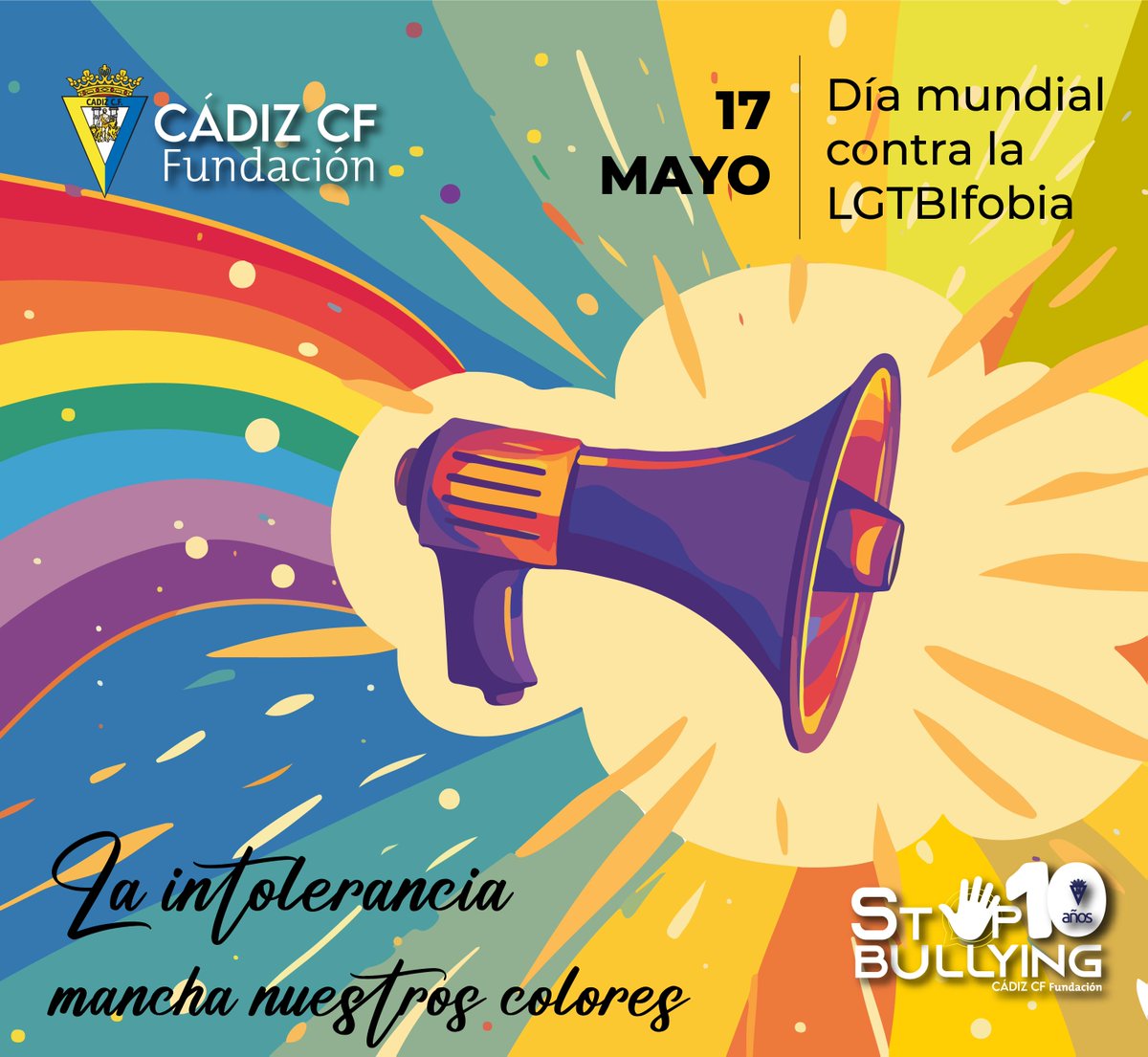 🏳️‍🌈 En el #DíaMundialContralaLGTBIfobia, recordamos que 'La intolerancia mancha nuestros colores' En el @Cadiz_CF, luchamos por la igualdad y el respeto para todos y todas 💪 #Stopbullying