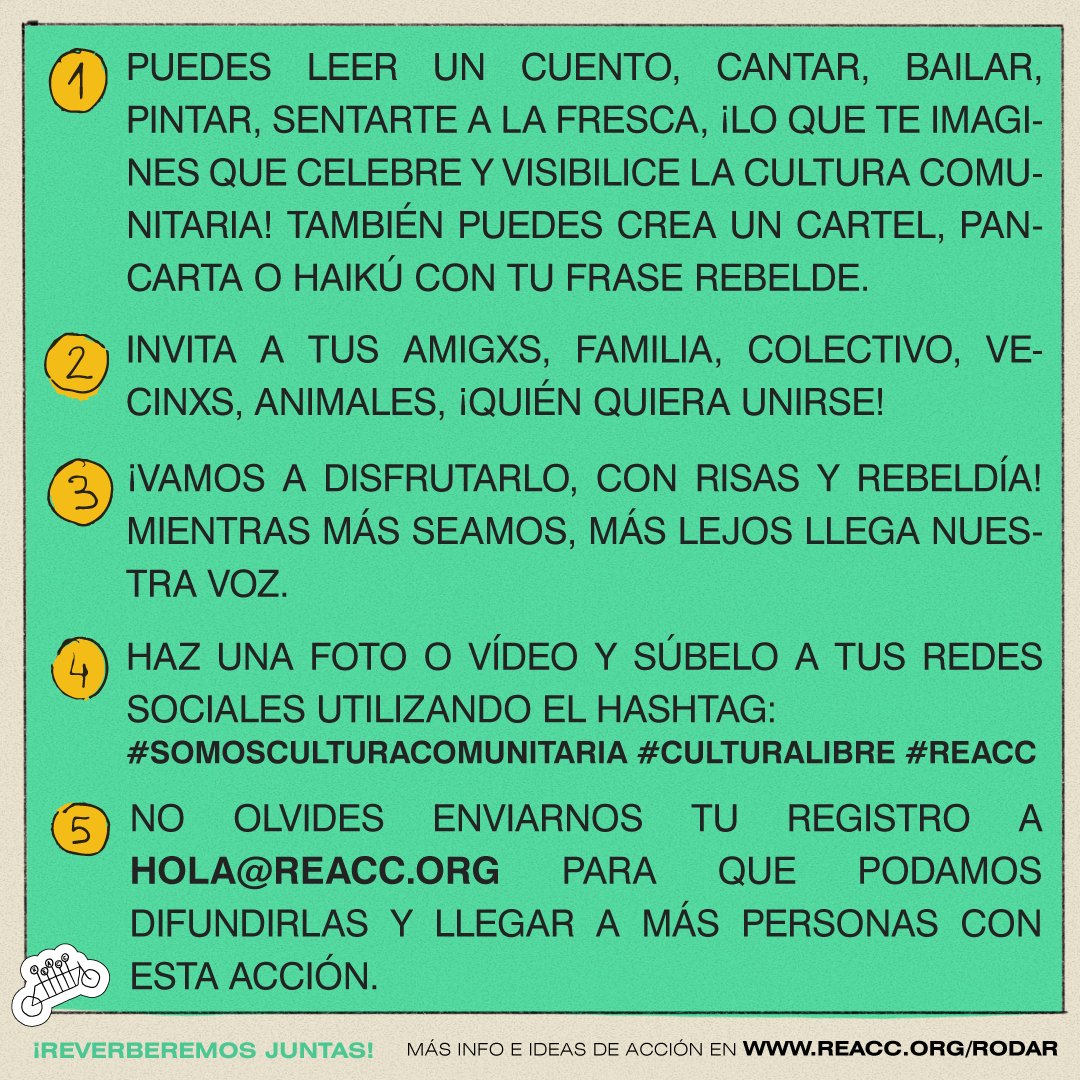 🌱¡Viva la cultura libre y comunitaria!
¿Te vienes a RODAR?🎥
🌼 Te esperamos el 21 de mayo a las 20:00 en Plaza Europa para ir hasta HuertoLab y desde allí cantaremos la canción “Diversitina”. 
Para más información reacc.org/rodar/
#somosculturacomunitaria #culturalibre