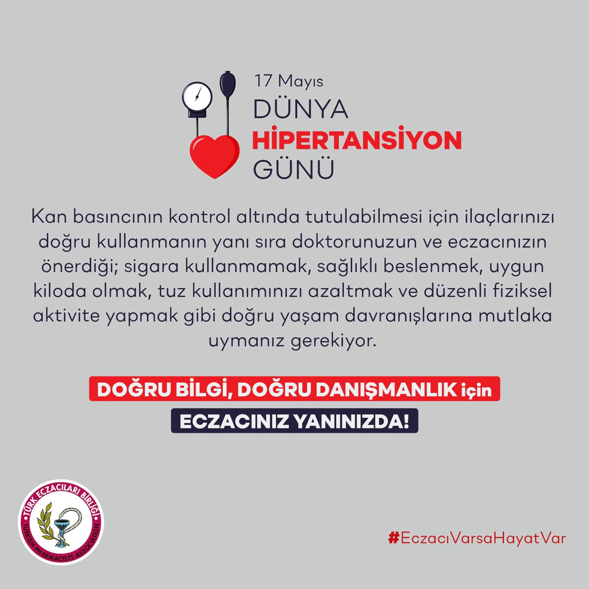 Yüksek kan basıncı olarak bilinen hipertansiyon, kan basıncının yükseldiği kronik bir hastalıktır. Doğru Bilgi, Doğru Danışmanlık için #EczacınızYanınızda #DünyaHipertansiyonGünü #EczacıVarsaHayatVar