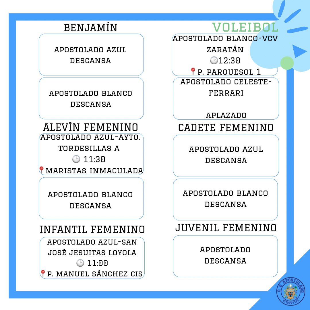 🗓️JORNADA 18/05🗓️

¡Horarios disponibles para esta próxima jornada! Ya podéis consultarlos ⬇️

🌟Además de la liga escolar, jugaremos la vuelta de la fase de ascenso infantil de voley tras la victoria conseguida en el cole el pasado domingo. ¡A darle caña chicas! 🍀