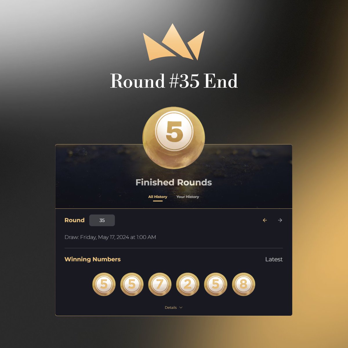 🏁 Lottery Round #35 Finished!

The moment of golden truth has arrived. Check your tickets!

The numbers are in: 557258

💰 Final Prize Pot: ~$91.76 / 1.55 $METIS

Go to midas.game to Claim your winnings.