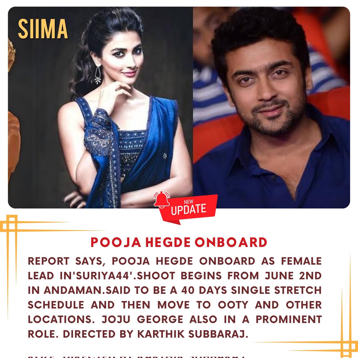 Exciting news alert! 🚨 Thrilled to join the cast of #Suriya44 as the female lead! 🌟 
Can't wait to dive into this new adventure. 🎬 Shooting starts June 2nd in the stunning Andaman! 🏝️ 
It's going to be an intense 40-day stretch before we move to Ooty and beyond. 🎥 Thrilled to