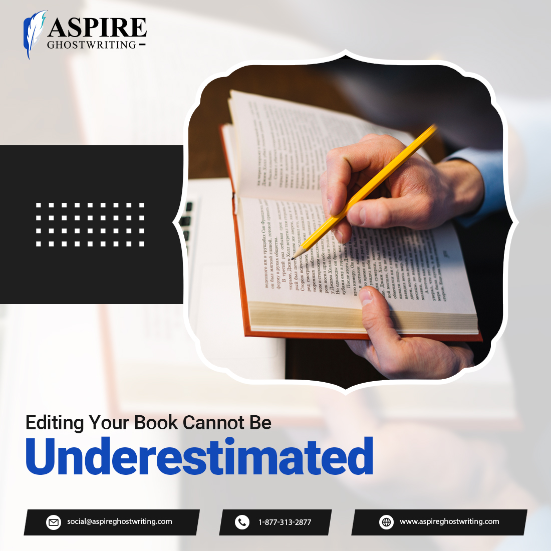 By having a fresh set of eyes to review your work, any errors, inconsistencies, or confusing sentences cannot be overlooked.

#aspireghostwriting #bookmarketing #bookpublishing #bookwriting #bookediting