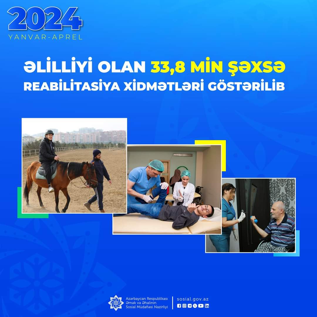 📊 Dövlət Tibbi-Sosial Ekspertiza və Reabilitasiya Agentliyi tərəfindən cari ilin yanvar-aprel aylarında əlilliyi olan 33,8 min şəxsə #reabilitasiya xidmətləri göstərilib. ➡️ sosial.gov.az/media/xeberler… #ƏƏSMN #DTSERA #ReabilitasiyaXidmətləri #SosialGöstəricilər