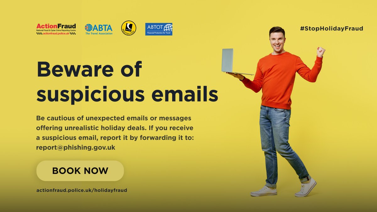 🎣 Be cautious of unexpected emails or messages offering holiday deals.
🚫 If you receive a suspicious message, report it by forwarding the emails to: report@phishing.gov.uk

🔗Find out more here: actionfraud.police.uk/holidayfraud

#StopHolidayFraud