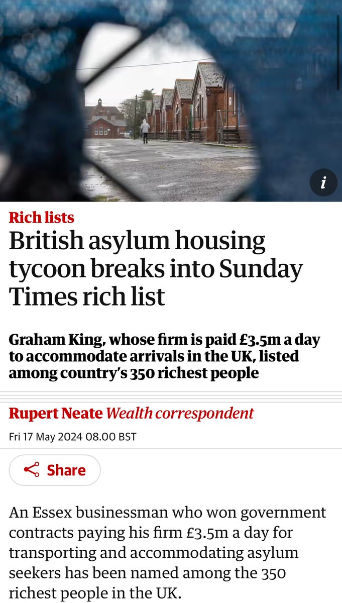 Asylum accom used to be provided by Local Authorities. Decisions were made, people moved through the system & whatever money was spent stayed in Communities. It was privatised. The Tories grew a backlog, collapsed the system & now they all make a killing. theguardian.com/business/artic…