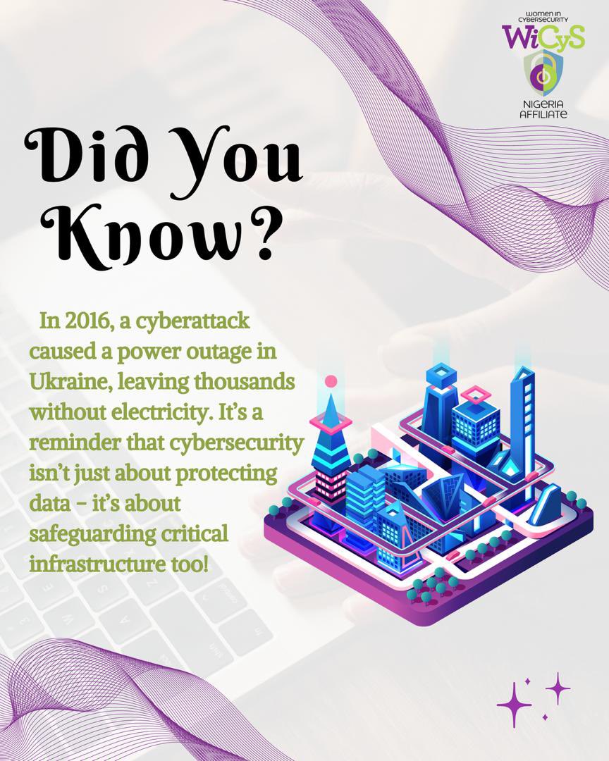 Picture this: total power outage for days – businesses grinding to a halt, chaos reigning supreme. Cybersecurity isn't just about personal data, it's the stalwart defender of our critical infrastructures.💻🔒 #InfrastructureProtection #CybersecurityAwareness #FunFactFriday #WiCyS