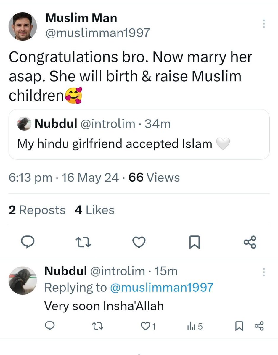 'हिन्दू लड़कियां बच्चे पैदा करने के लिए है बस' पहले हिन्दू लड़की को बहला फुसलाकर इस्लाम कबूल करवाओ। फिर उस से निकाह करो। फिर उस से बच्चे पैदा करवाओ।