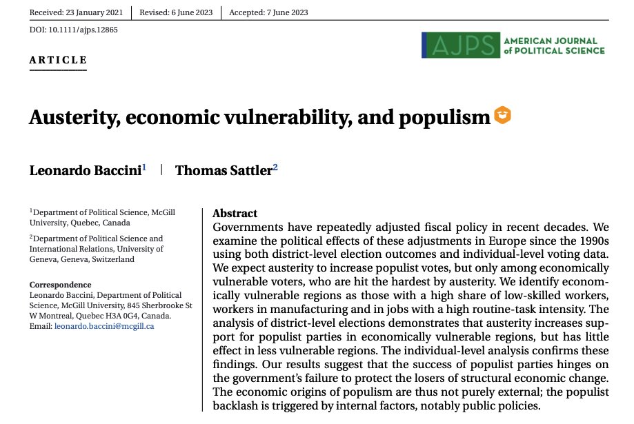 Fiscal austerity increases votes for populist parties. Economically vulnerable voters react most strongly to austerity. New paper in the American Journal of Political Science with evidence for Europe.