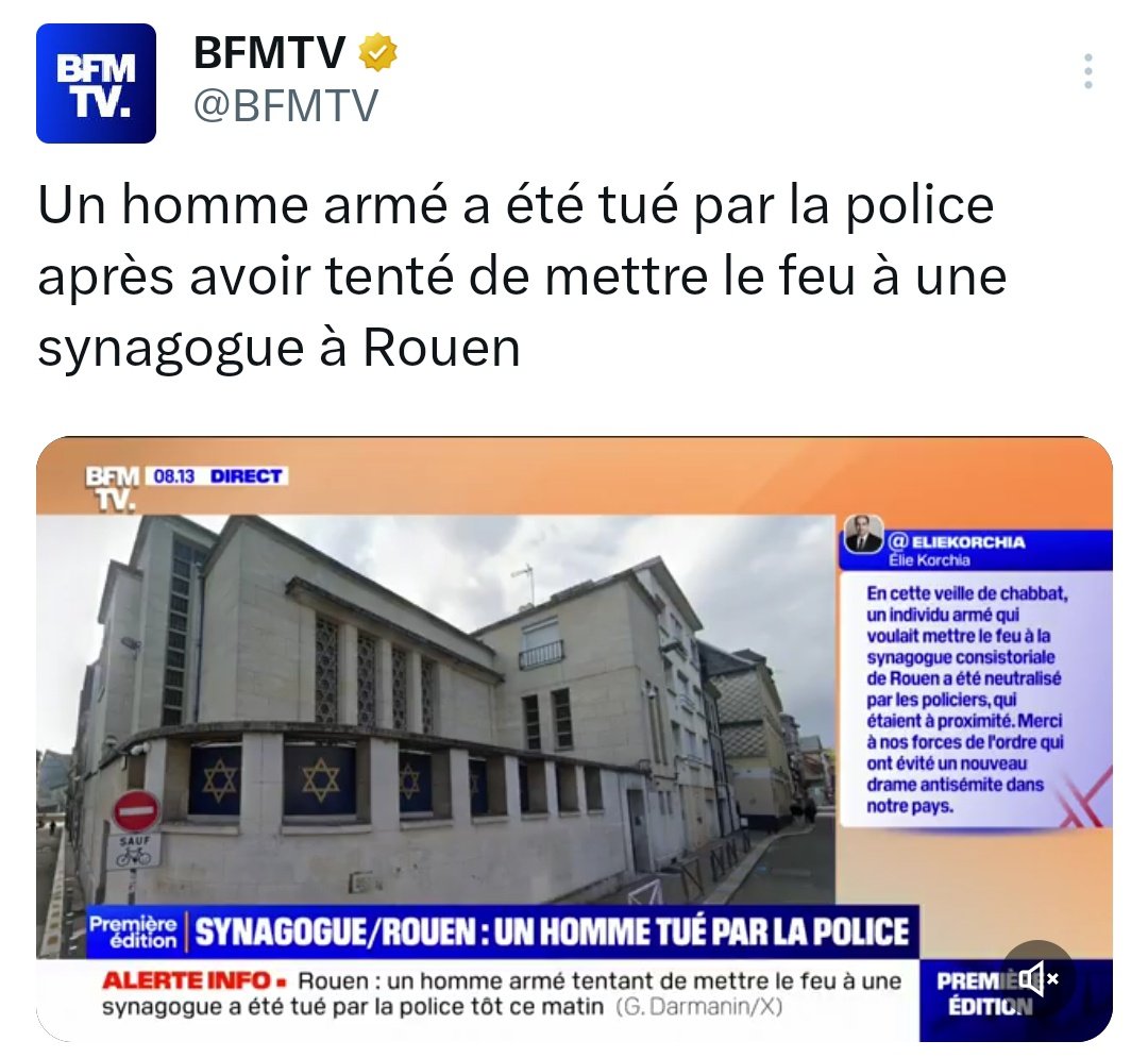 Condamnation sans appel de l'incendie qui a visé la synagogue de #Rouen ,des policiers alertés par les fumées ont surpris un homme , armé d'un couteau et d'une barre de fer , l'homme les a menacé , un policier le blesse mortellement.
L'antisémitisme doit être condamné par TOUS ☑️