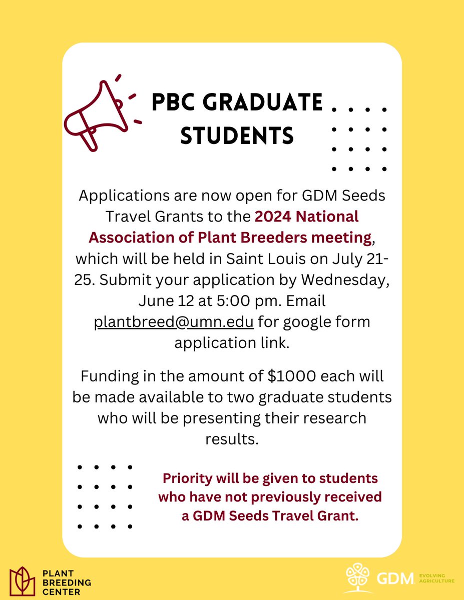 📢Applications are now open for GDM Seeds Travel Grants to the 2024 National Association of Plant Breeders meeting, which will be held in Saint Louis on July 21-25. 🌱
Awardees will be chosen by representatives from UMN and GDM Seeds.