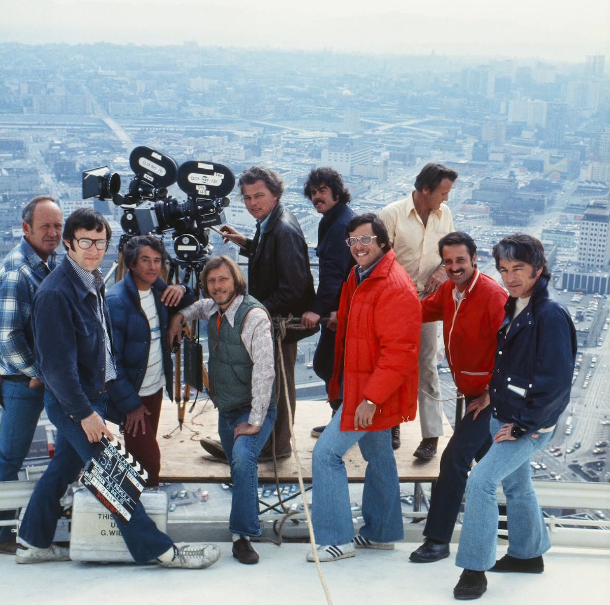 Gordon Willis and his camera crew filming THE PARALLAX VIEW atop the Space Needle in Seattle on April 11, 1973.