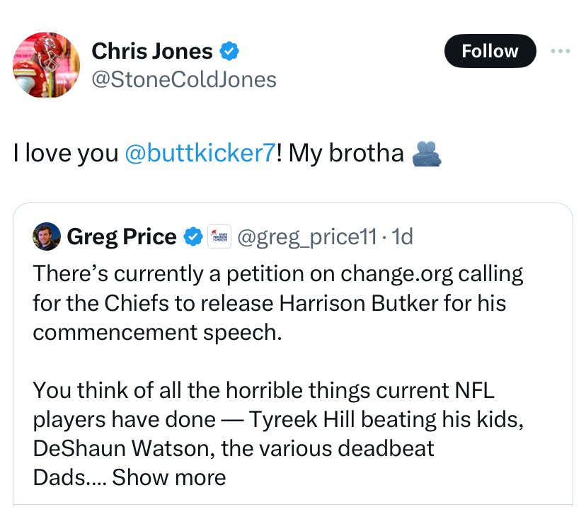 It’s awesome Chris Jones is defending Butker. But it’s too bad he’s not aware of all the defamatory things Eagles fan @greg_price11 has said about the Chiefs