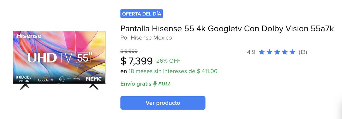 Para no perderte los juegos de @miseleccionmx, esta pantalla @Hisense_Mexico tiene 26% de descuento. 

Consíguela aquí mercadolibre.com/sec/1xLpdgC

#CazandOfertas