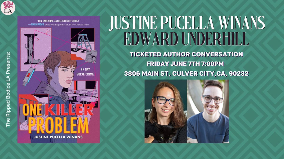 To celebrate One Killer Problem, we're hosting an LA book launch with Justine Pucella Winans on Friday, June 7th at 7pm. They will chat about their queer mystery with Edward Underhill. 💜 ⁠ 🎟️⁠Tickets and order signed books: therippedbodicela.com/events-and-tic… #TheRippedBodiceLA