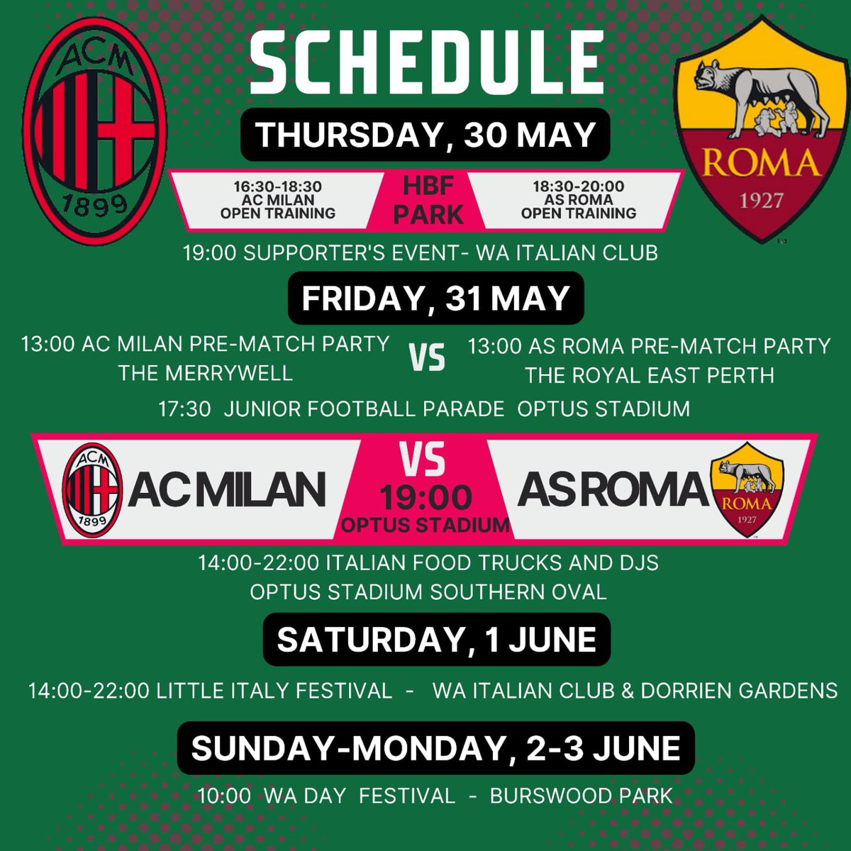 Proud to share the rich programme of 🇮🇹 Italian events taking place in @CityofPerth 🇦🇺on the occasion of the game between AC Milan and AS Roma (31 May, Optus Stadium)