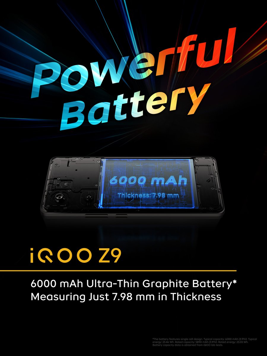 global_iQOO's tweet image. Only at 7.98 mm thin, #iQOOZ9 is designed to come with a powerful 6000 mAh Ultra-Thin Graphite Battery.

Feel its long battery life as you go about your day, worry-free.

#iQOO #UnstoppablePower #BornForGenZ #6000mAh #PowerfulBattery