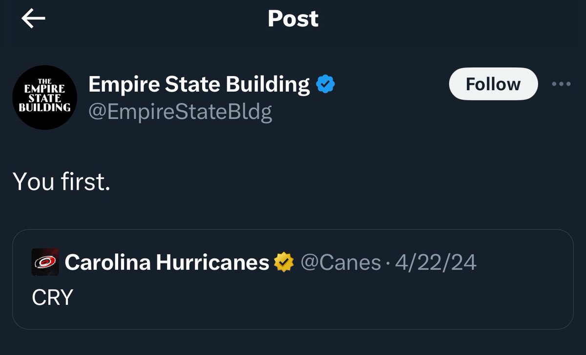 That moment a NHL team located Raleigh, North Carolina gets chirped by a NYC skyscraper. Then the skyscraper tells the Carolina Hurricanes to apologize to the New York Islanders 😂💀 The Empire State Building Is A King 🐐 #Isles #CauseChaos #EmpireStateBuilding #IslandersLive