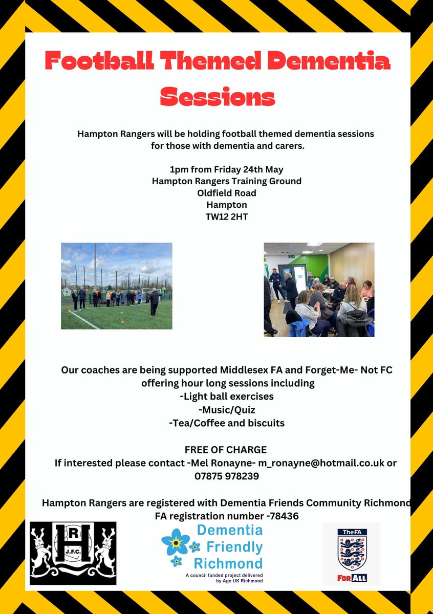 Hampton Rangers FC⚽️ (@hrangers) on Twitter photo We are reaching out to those with dementia & carers
Friday 24th, gentle ball excersize, music, quiz & teas/coffee/biscuits
We will be welcoming along <a href="/middxfa/">Middlesex FA ⚽️</a> & <a href="/Amblers1212/">Uxbridge Amblers FC</a> to help facilitate session
<a href="/DementiaUK/">Dementia UK</a> <a href="/AgeUKRichmond/">Age UK Richmond upon Thames</a> We are reaching out to those with dementia & carers
Friday 24th, gentle ball excersize, music, quiz & teas/coffee/biscuits
We will be welcoming along <a href="/middxfa/">Middlesex FA ⚽️</a> & <a href="/Amblers1212/">Uxbridge Amblers FC</a> to help facilitate session
<a href="/DementiaUK/">Dementia UK</a> <a href="/AgeUKRichmond/">Age UK Richmond upon Thames</a>
