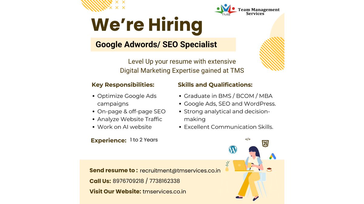 Passionate about PPC and SEO? We want you! Join our team as a Google AdWords and SEO Specialist. 

recruitment@tmservices.co.in | 8976709218 – 7738162338 

#tms #hrmode #hr #hrservices #hroutsourcing #hrsolutions #mumbai #friday #googleads #seo #digitalmarketing #sem #wordpress