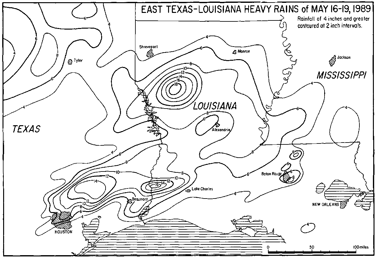 May 16-19, 1989: Multiple days of heavy rain and thunderstorms impacted eastern Texas and much of Louisiana. The highest totals were 16' west of Lake Charles and 18' southeast of Shreveport. Widespread flash flooding ensued, inundating several towns and rural areas. #wxhistory