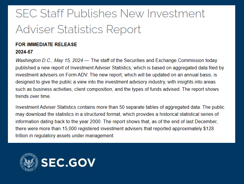 SEC Staff Publishes New Investment Adviser Statistics Report sec.gov/news/press-rel… #SEC #InvestmentAdvisers