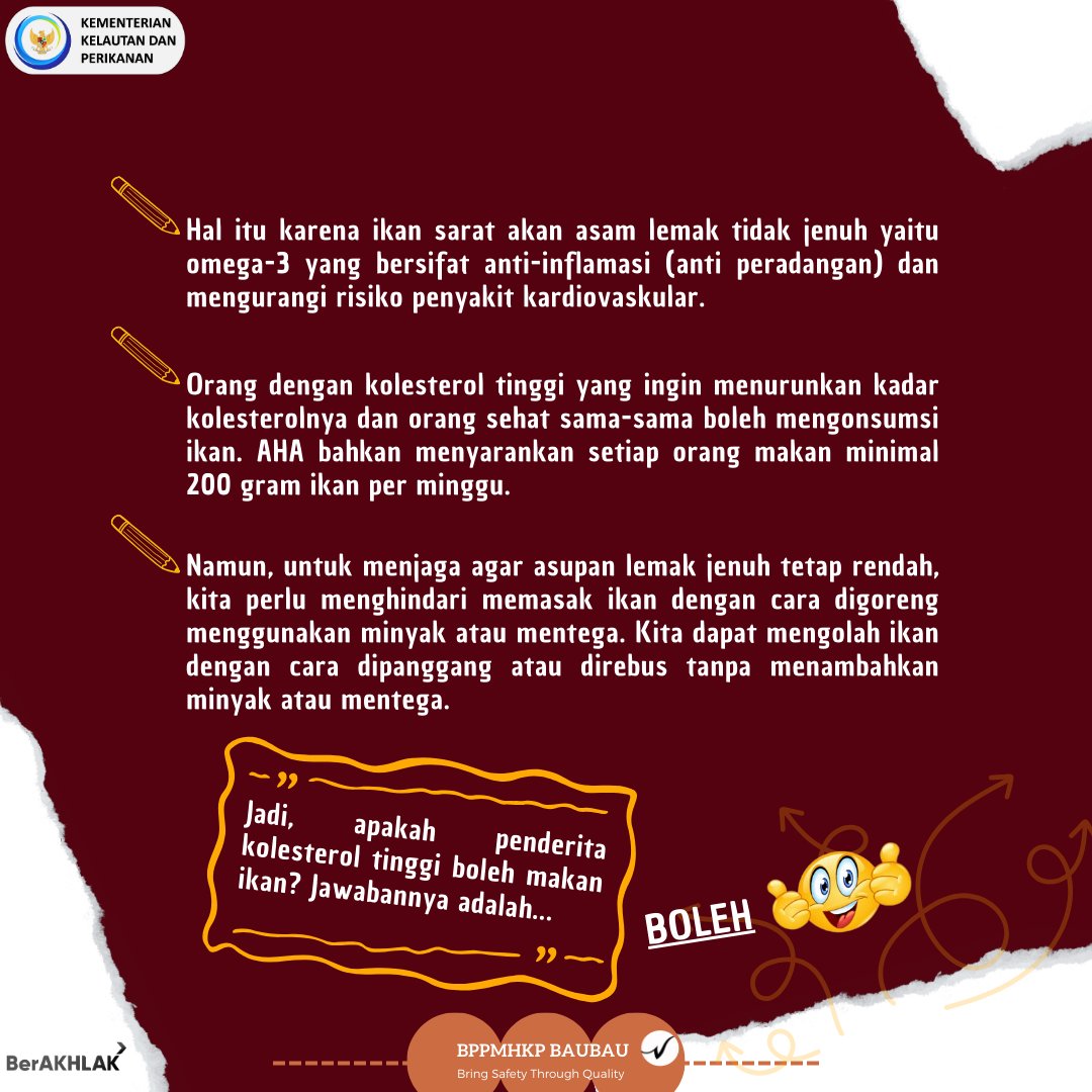 Beberapa orang mungkin bertanya-tanya apakah penderita kolesterol tinggi boleh makan ikan? berikut ini sedikit penjelasannya... #kkpgoid #menterikkp #kotabaubau @bppmhkp @YuniWijaya69