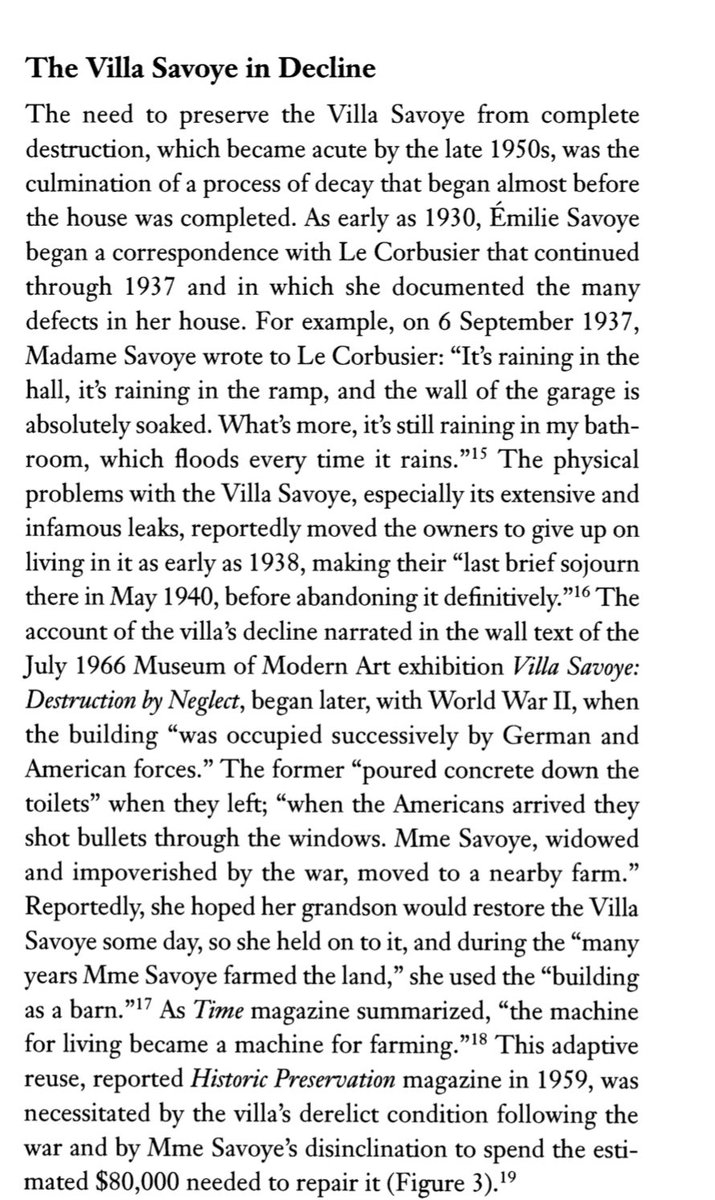 Corbusier bringing the outside in. Madame savoye testifying: 'It's raining in the hall, it's raining in the ramp, and the wall of the garage is absolutely soaked. What's more, it's still raining in my bathroom, which floods every time it rains.'