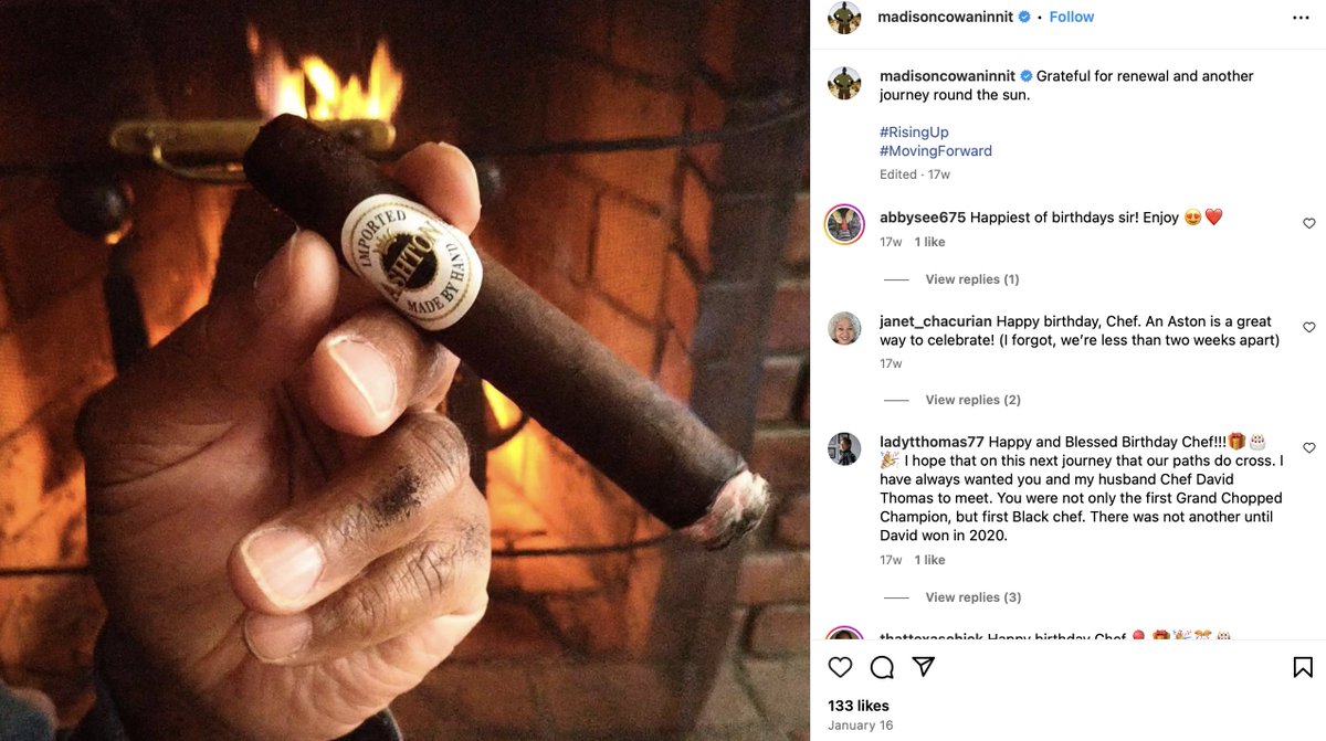 Fat cigars, @BrooklynNets games, asking others to give to @alzassociation, hanging with @alroker, sipping Veuve Clicquot: from the Instagram account of Madison Cowan, the celebrity chef who claims he couldn't afford to pay rent for the past fours years. What a scammer! 🧵👇 1/5