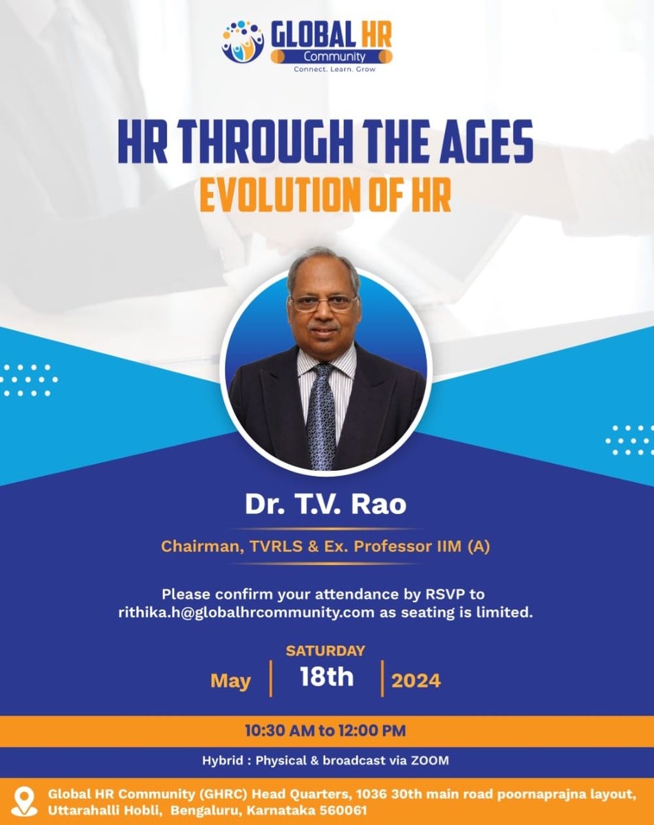 Folks in Bangalore: Dr. @raotv is going to give a talk on 'Evolution of HR' tomorrow. It free to attend, but seats are limited. Details given in the link below lu.ma/310tuxjp cc @nathansv @kshankar21 @jonas1hr