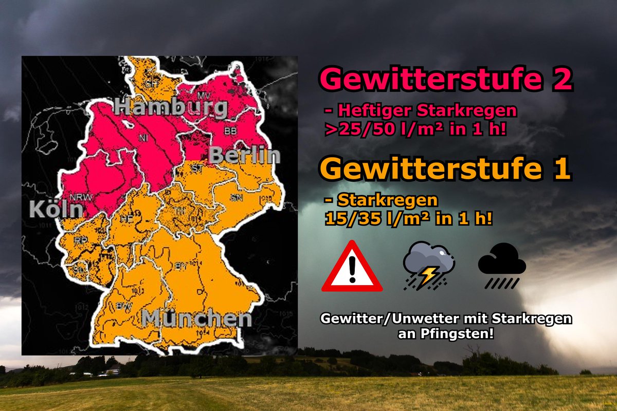 Die Modelle rechnen über #Pfingsten besonders im Norden/Nordwesten von #Deutschland schwere #Gewitter, die sich kaum bewegen, dabei ist dann örtlich #Starkregen >50 L in 1 h #Überflutungen möglich! In den anderen Regionen auch örtlich Gewitter. 🟥⛈️🌧️🌊 🟧🌩️⛈️