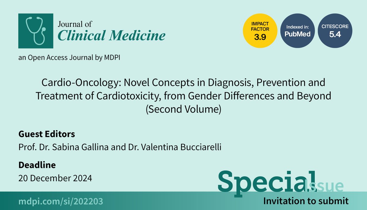 Following the success of the first volume of “Cardio-Oncology: Novel Concepts in Diagnosis, Prevention and Treatment of Cardiotoxicity, from Gender Differences and Beyond”, we announce the second volume of this Special Issue. 😆😃Welcome to read and submit! @JCM_MDPI @univUda