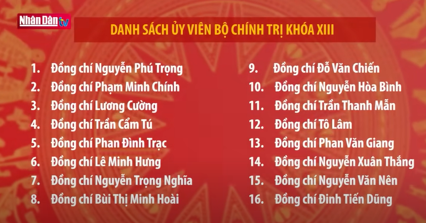 The new Politburo: - 5 from Ministry of Public Security - 3 from the military - 5 from economics backround or holding a degree in economics - youngest member: Le Minh Hung (b. 1970) - 1 woman: Bui Thi Minh Hoai - still unclear who will be the new president and NA chairman