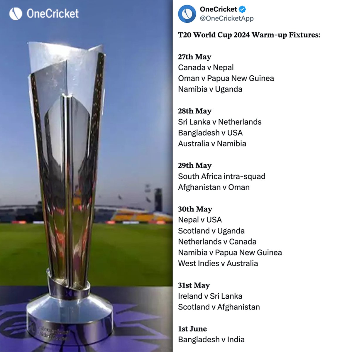 Take a look at ICC Men's T20 World Cup 2024 Warm-Up matches schedule 🗓️

#T20WorldCup2024 #INDvsBAN